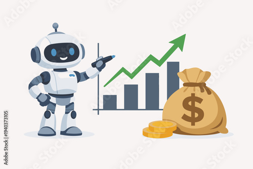 Artificial Intelligence Robot Drawing a Rising Financial Growth Chart with Green Arrow and Bar Graph Next to a Large Money Bag with Dollar Sign, Concept of AI Driven Investment and Profit