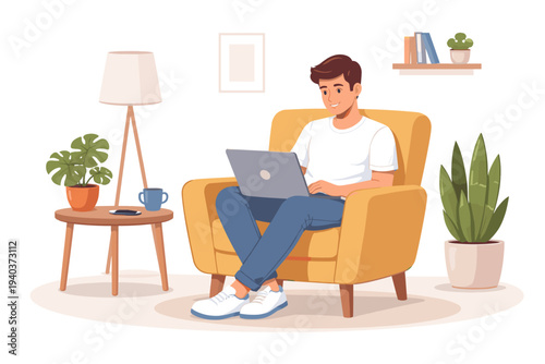 Young man sitting in a comfortable yellow armchair at home using a laptop computer. Flat vector illustration of a freelancer working remotely or a student studying in a cozy living room setup.