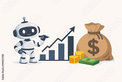 Cute robot character drawing a rising financial growth chart with an upward arrow next to a large money bag with a dollar sign, gold coins, and cash stacks for AI investment and trading concept