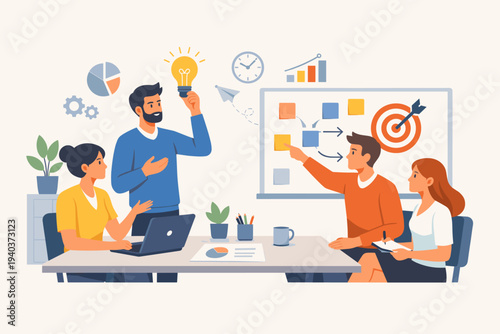Business team brainstorming in an office with a man holding a lightbulb for a new idea and a colleague pointing to a whiteboard with a target and sticky notes. Creative collaboration and planning.