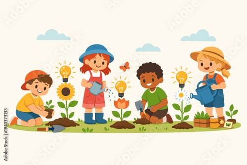 Flat vector illustration of diverse children gardening, planting and watering flowers with light bulbs, symbolizing creative ideas, environmental education, sustainability, and green growth.