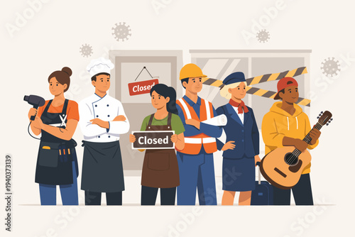 Diverse workers from various sectors including a chef, hairdresser, and pilot standing in front of closed businesses during the coronavirus pandemic lockdown waiting to return to work.