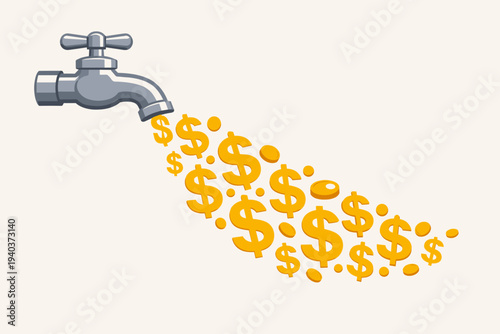 Vector illustration of a silver faucet with golden dollar signs and coins flowing out like water, representing cash flow, passive income, financial success, and wealth generation concept.