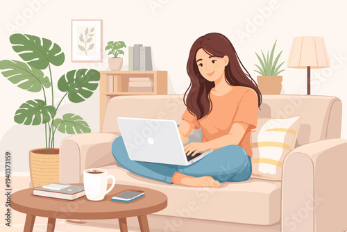 Young woman sitting cross-legged on a sofa working on a laptop in a cozy living room with indoor plants, coffee, and books. Flat vector illustration of remote work, freelancing, and home office.