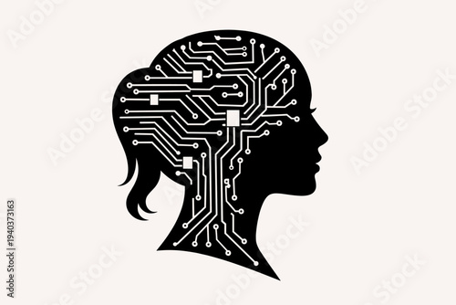 Female human head silhouette with integrated circuit board pattern, symbolizing artificial intelligence, digital brain, neural network, cybernetics, and future technology, flat vector design.
