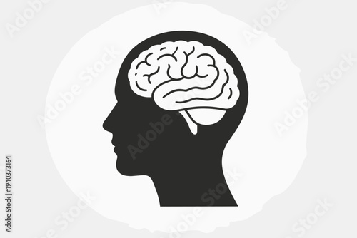 Vector Silhouette of a Human Head Profile with Brain Illustration. Simple Flat Design Representing Intelligence, Psychology, Mental Health, Neurology, Thinking, and Human Anatomy Concepts.