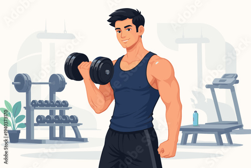 Muscular young man lifting a heavy dumbbell in a modern gym setting with weight racks and a treadmill. Flat vector illustration of a fitness athlete training for bodybuilding and healthy lifestyle.