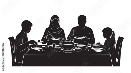 Vector illustration of family eating at dinner table in black silhouette