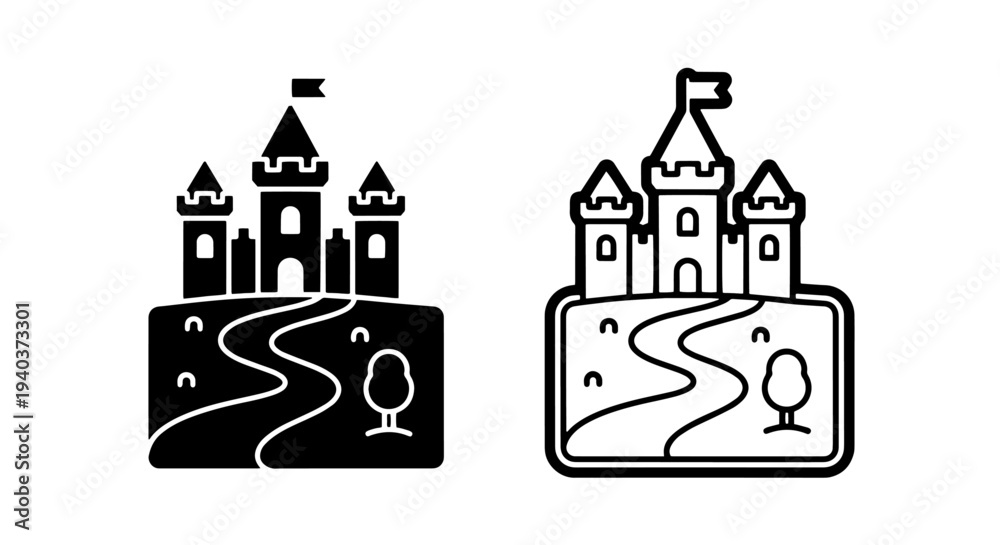 Fototapeta premium Medieval castle on hill with path icons in solid and outline styles