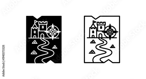Treasure map icons with castle and compass rose in solid and outline