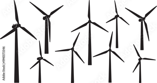 Wind Turbines Silhouettes Against White Background Generating Clean Energy