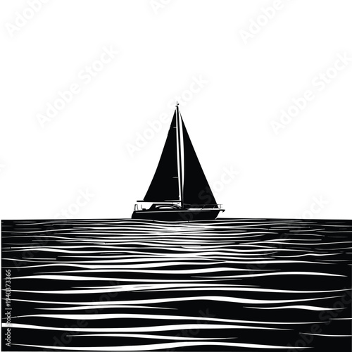 A sleek sailboat glides across a wavy black and white sea