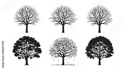 Set of 6 tree icons vector, black and white