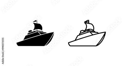 Luxury yacht icon set motorboat solid and outline