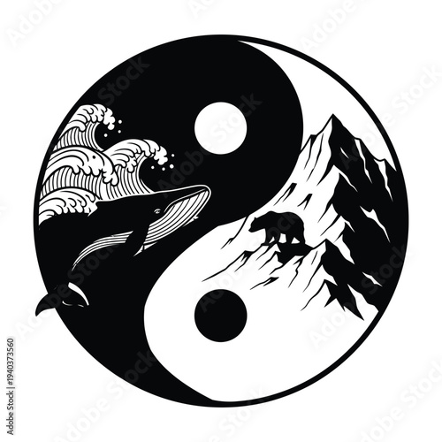 Yin yang symbol with wave and mountain illustrations