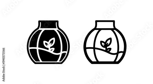 Plant terrarium jar icon set solid and outline