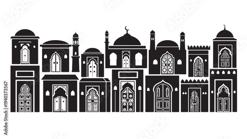 Set of 13 black and white mosque buildings vector