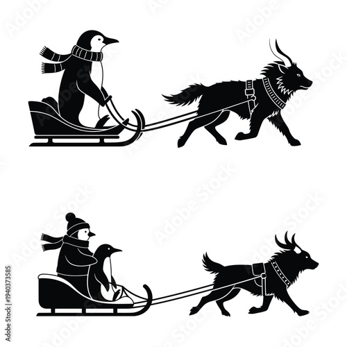 Vintage sled pulling dogs in silhouette