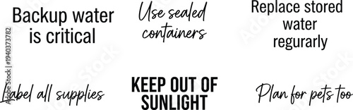 Emergency water storage tips typography set featuring backup water is critical use sealed containers and replace stored water regularly labels for disaster preparedness and survival guides