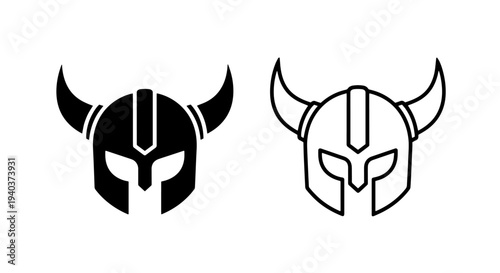 Set of Viking Warrior Helmet Icons in Solid Black and Outline Design