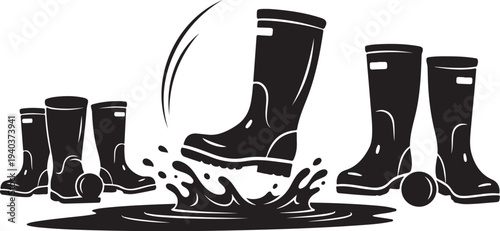 Rubber Boots Illustration with Water Splash and Isolated Background