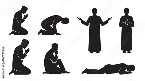 Set of 7 prayer icons vector, black silhouettes