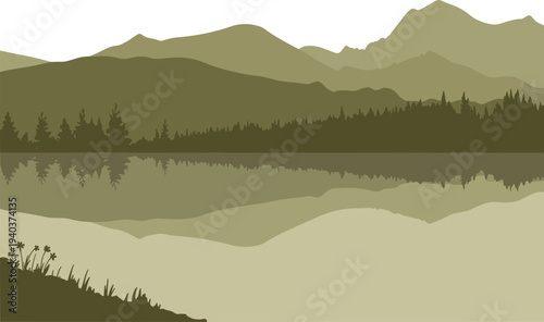 Minimalist flat vector landscape illustration of a serene mountain range with pine forest reflection on a calm lake