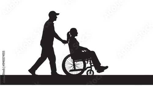 Black silhouette of man pushing person in wheelchair, vector icon