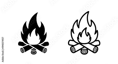 Campfire icons with flame and wooden logs for outdoor adventure concept