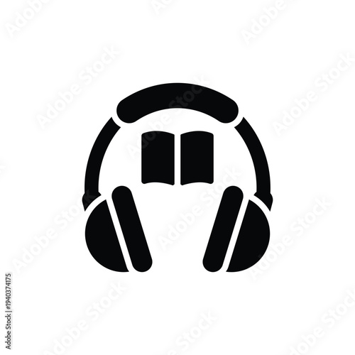 Headphones icon with open book, symbol for audiobook, online learning, and listening education