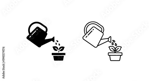 Watering can and potted plant icons for gardening and growth concept
