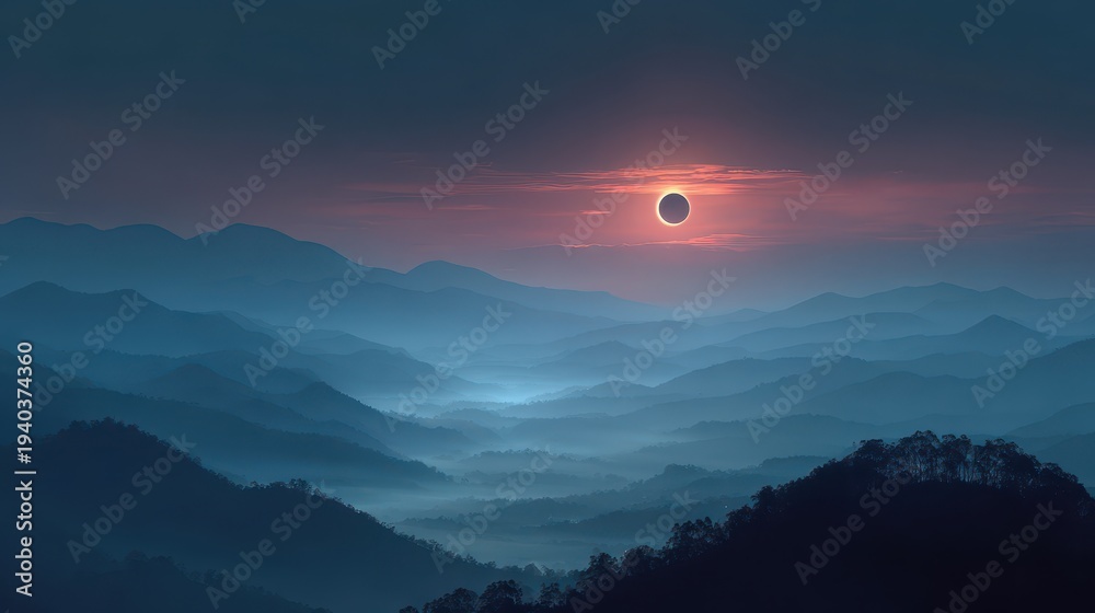 Fototapeta premium Solar eclipse over misty blue mountain landscape at sunset