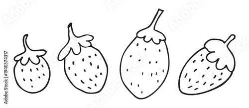 Hand drawn minimalistic vector graphics of four strawberries in various sizes. Each strawberry features a green leafy top and dotted texture.
