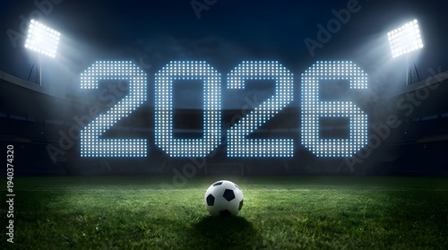 2026 World Cup Stadium in a Vibrant Night Scene with a Football on the Field
