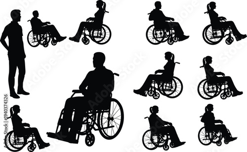Large Collection of Black Silhouettes Featuring Men and Women in Wheelchairs and Standing Poses for Accessibility Disability Rights Inclusion and Medical Healthcare Design