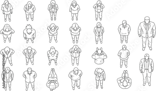 Isometric line art vector illustration of diverse people standing from a top down bird's eye view perspective for architectural floor plans and site layouts