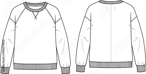 Long Sleeve Crewneck Sweatshirt Technical Flat Sketch Vector Template with Front and Back View for Fashion Design Apparel Manufacturing and Clothing Mockup Presentation