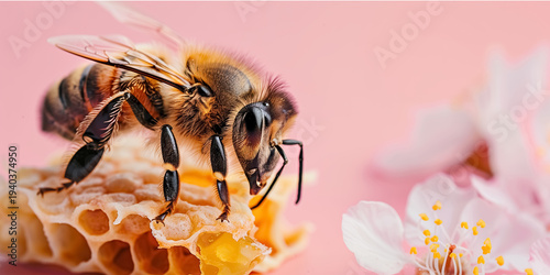 Close-up view of honey bee collecting nectar on honeycomb during sunny day on pink background with copy space, bee bread, propolis and royal jelly