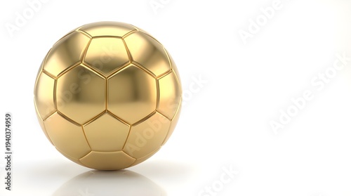 Golden football soccer ball on white background, symbolizing achievement and victory in sports