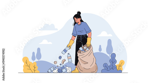 Young woman in casual clothes picking up litter and plastic bottles from a park to protect the environment and nature.