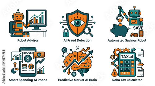 AI powered financial management tools and smart robotic banking illustrations