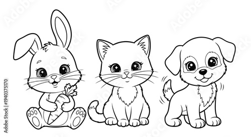 Cute cat dog bunny and kitten outline coloring page animal line art illustration