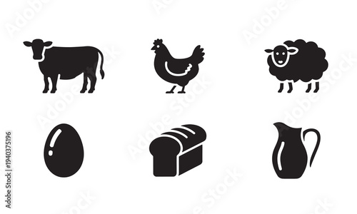 Collection of farmrelated icons including a cow chicken sheep egg bread and a milk jug isolated on a white background
