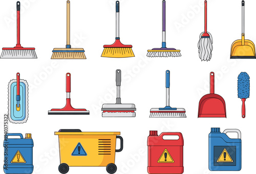 Cleaning tools vector set with broom, mop, dustpan, brush, bucket and detergent containers isolated, household sanitation equipment for janitor service