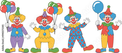 Funny clown characters with balloons cartoon vector set featuring colorful circus clowns isolated for birthday party entertainment design illustration collection