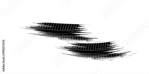 Tire trace track. Abstract wheels braking distances, tread silhouettes brushes. Isolated car or motorcycles vector trails. eps10
