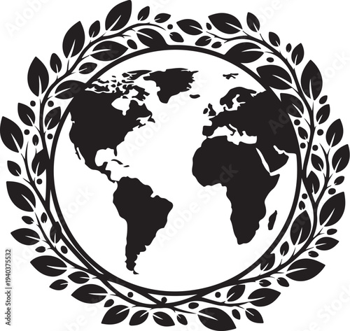 Black and white illustration of the world map symbol