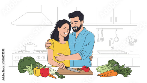 Loving couple hugging in a modern kitchen while preparing a healthy meal with fresh vegetables and carrots on the table.