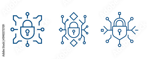 Digital Security Logos Padlock with Circuitry and Data Nodes Vector Graphics