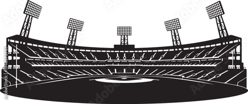 Black and white illustration of a baseball stadium scene